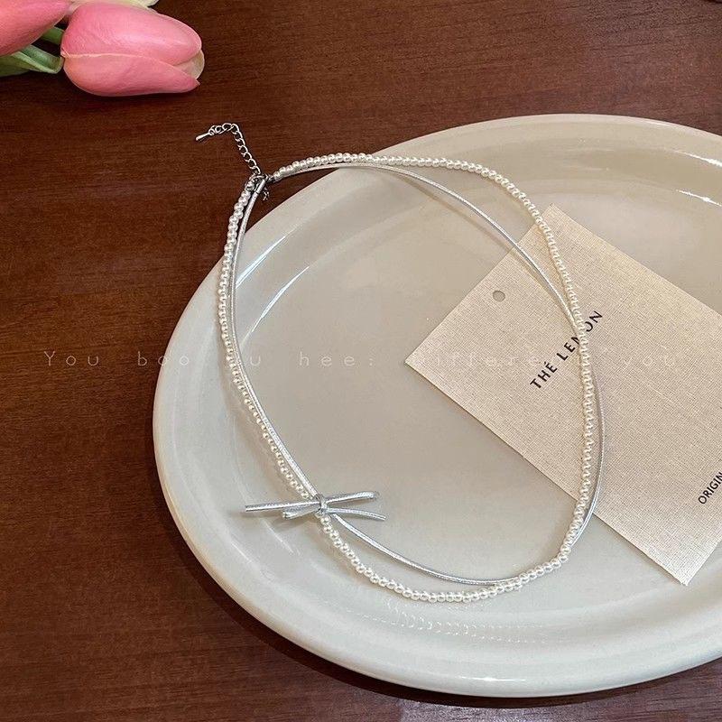 Кожаный бант жемчужный двойной многоярусный ожерелье женское милое крутое малышки премиум чокер цепочка на ключицу