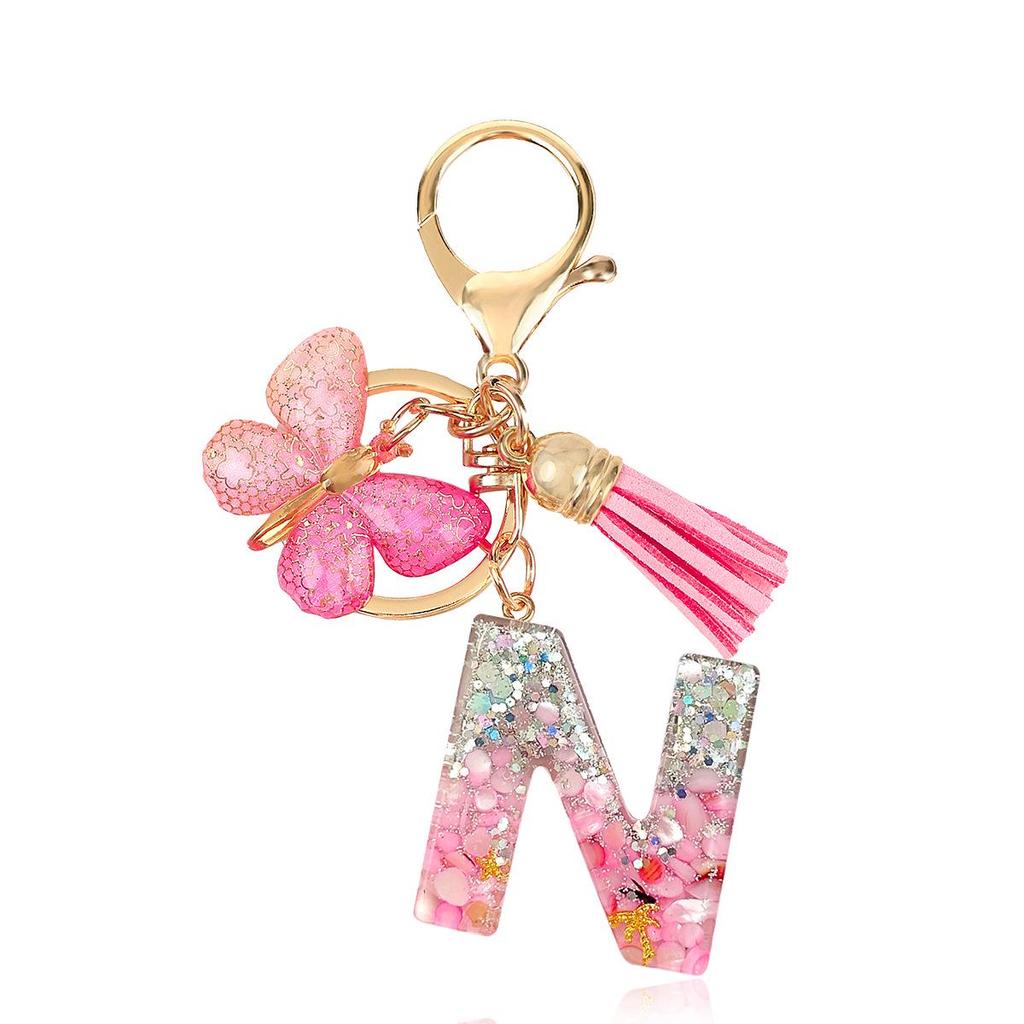 Pink Epoxy Letter Keychain with Sequin Butterfly & Tassel Charm