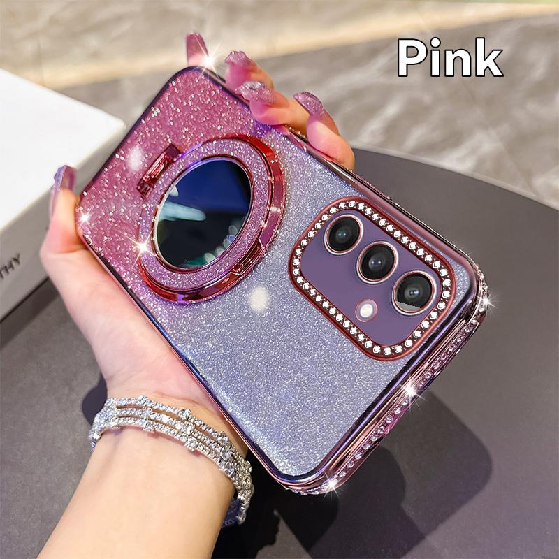 KEYSION Glitter Jewelled Magnetic Phone Case for Samsung Galaxy S25 Ultra 5G S24+ Plus S23 FE Makeup Mirror Stand Shockproof Cover