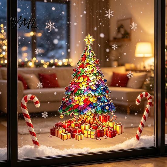 Festive Home Decor Stained Glass Style Christmas Tree Window Stickers, Removable PVC Static Cling Decals for Creative Holiday Gift Ideas Decor,