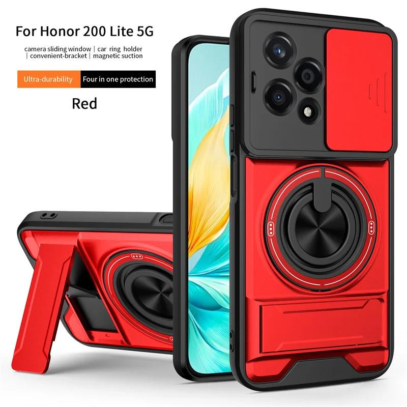 For Honor 200 Lite 5G Case Armor Silicone PC Magnetic Ring Holder Back Cover for Honor200 200Lite Slide Camera Shockproof Funda