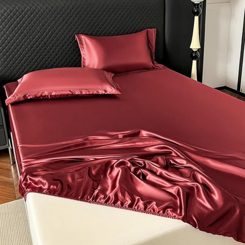 Solid Color Fitted Sheet Single Double Queen Size Mattress Cover Luxury Satin Rayon with Elastic Band Bedsheet 140/160/180/200cm