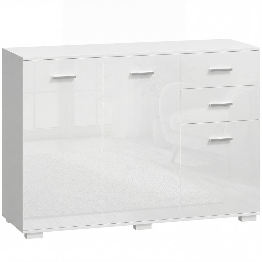 Sideboard, Modern Storage Cabinet with 2 Drawers, 3 Doors and Adjustable Shelves, High Gloss White