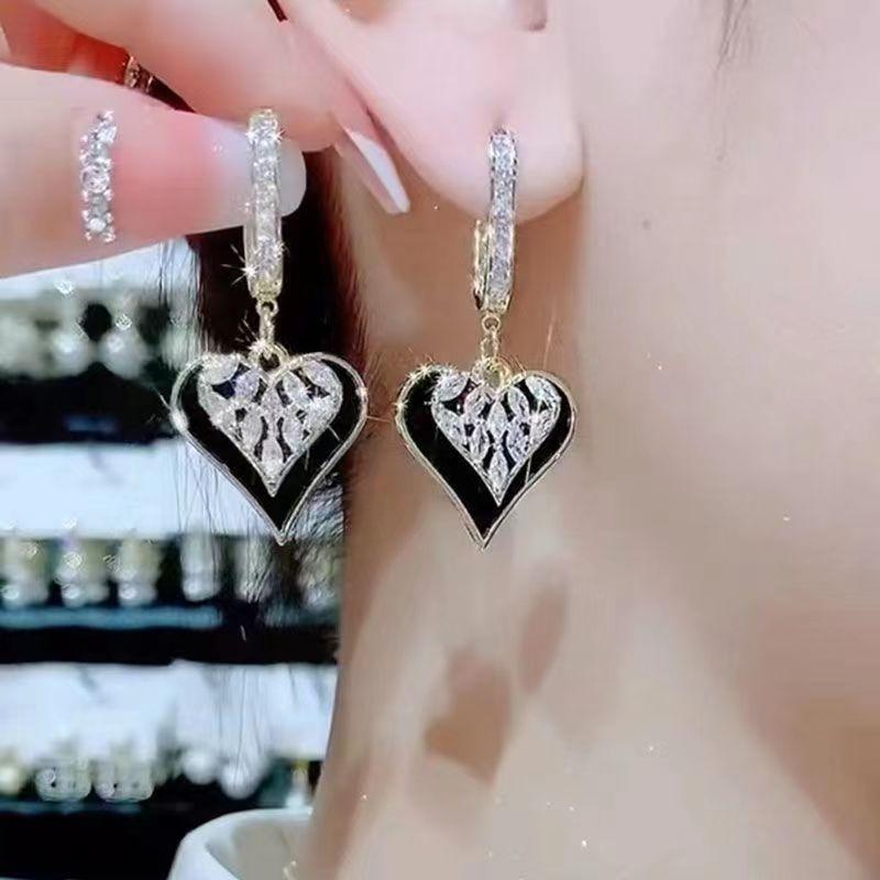 Vintage Black Enamel Love Heart Hoop Earrings for Women High Quality Gold Color Inlay Crystal Drop Dangle Jewelry Accessories