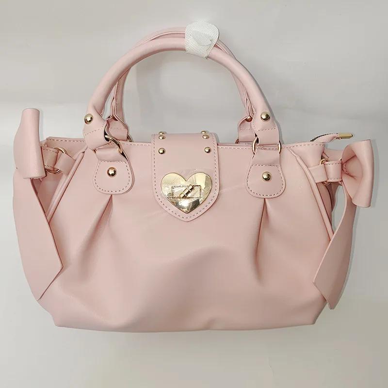 

Sweet Bow Lolita Pink Women Handbag Harajuku Japanese Style Love Heart Soft Crossbody Bag Kawaii Large Capacity Shoulder Bag 31x21x12cm
