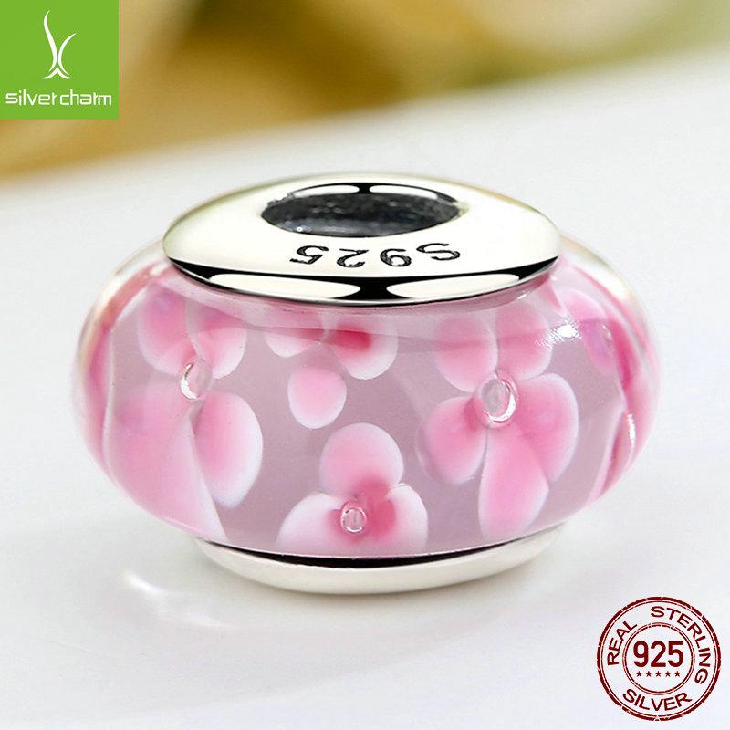Korean Hot-Selling 925 Sterling Silver Pink Flower Glass Bracelet Beads SCZ008