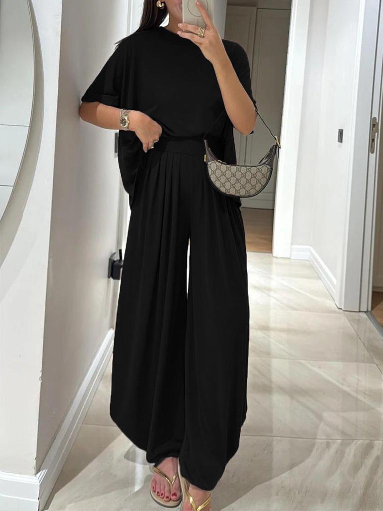European & American Crew Neck Short Sleeve Top with Loose Comfortable Wide-Leg Pants Set