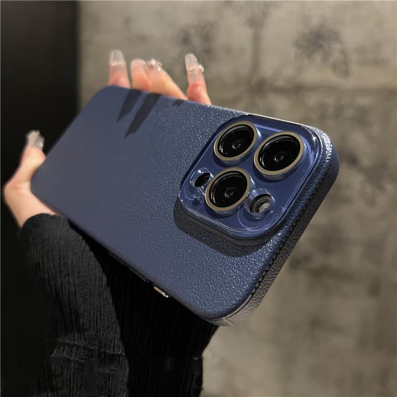 Crystal Glass Lens Protection Lychee Textured Leather Case for iPhone 15 Pro Max 14 13 12 Shockproof Protection Hard PC Cover
