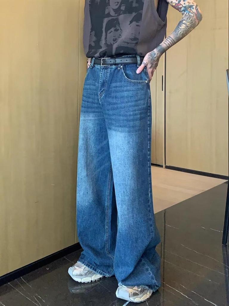 2025 Four Seasons Retro Hong Kong Style Distressed Wide-Leg Floor-Length Jeans