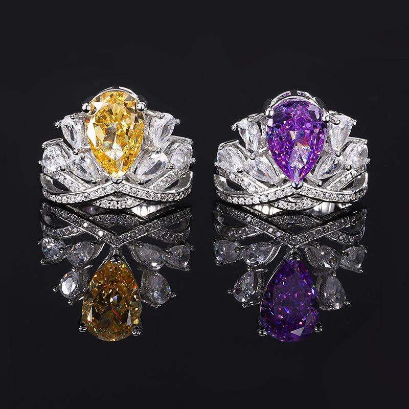 Jewelry Copper Bottom Gold-Plated Simulation High Carbon Diamond Ice Cut Design Crown Ring Women 8 * 12
