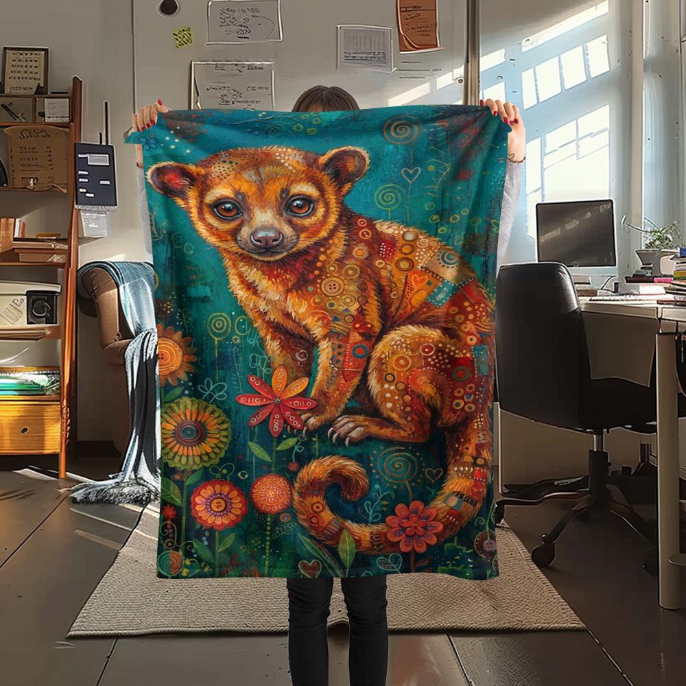 1PC Bohemian Kinkajou Art Print FlAannel Blanket, High quality Comfortable for All Seasons, Home Decor, Warmth and Comfort