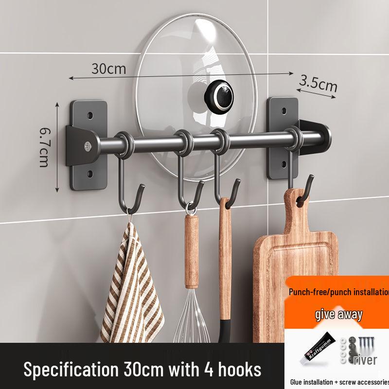 

Punch-Free Wall-Mounted Kitchen Storage Rack with Hooks for Pots, Turners, and Spoons