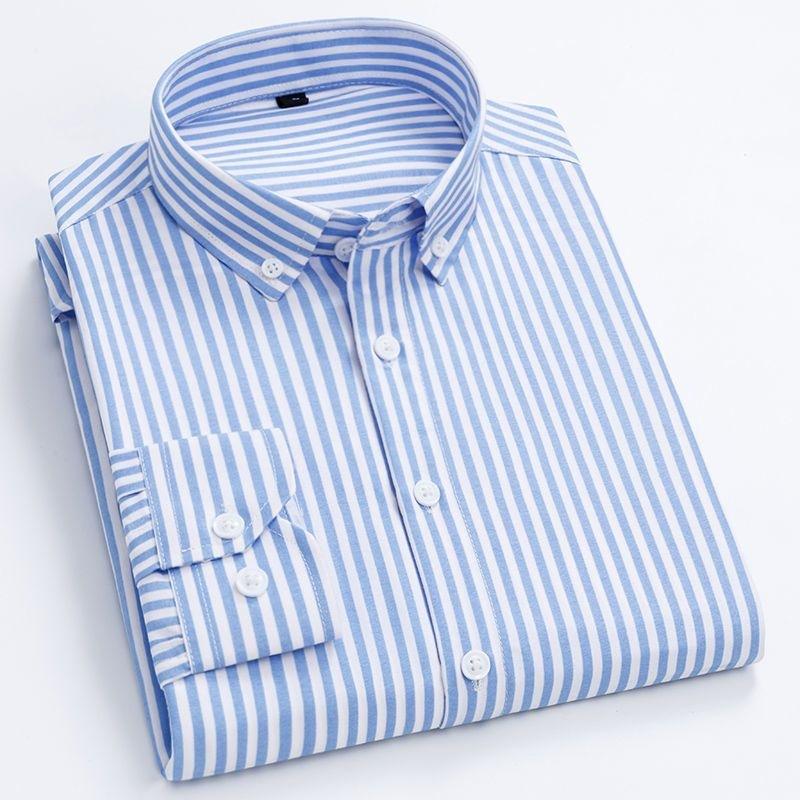 Mens Dress Shirts Striped Long Sleeve Plaid Checked Shirt Smart Casual Business Non-Ironing Korean Slim Fit Formal Blue White