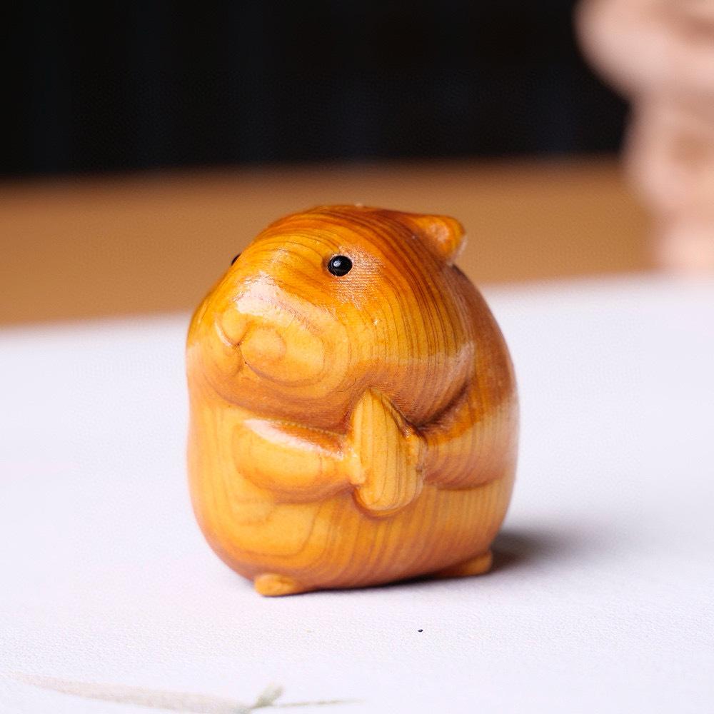 Exquisite Hand Crafted Wood Carved Hamster Statue Small Animal Figurine for Collectors
