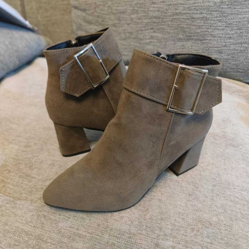 New Women's Shoes Suede Pointed Short Boots Thick Heel Belt Buckle High Heel Fashion Boots