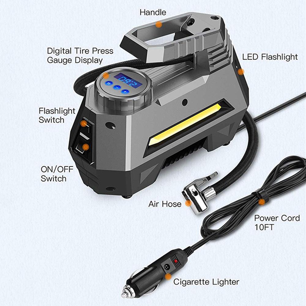 

Портативный воздушный компрессор, накачка шин, 150 фунтов на квадратный дюйм, 12 В постоянного тока, автомобильный насос для шин с цифровым манометром, авто яркий аварийный фонарик