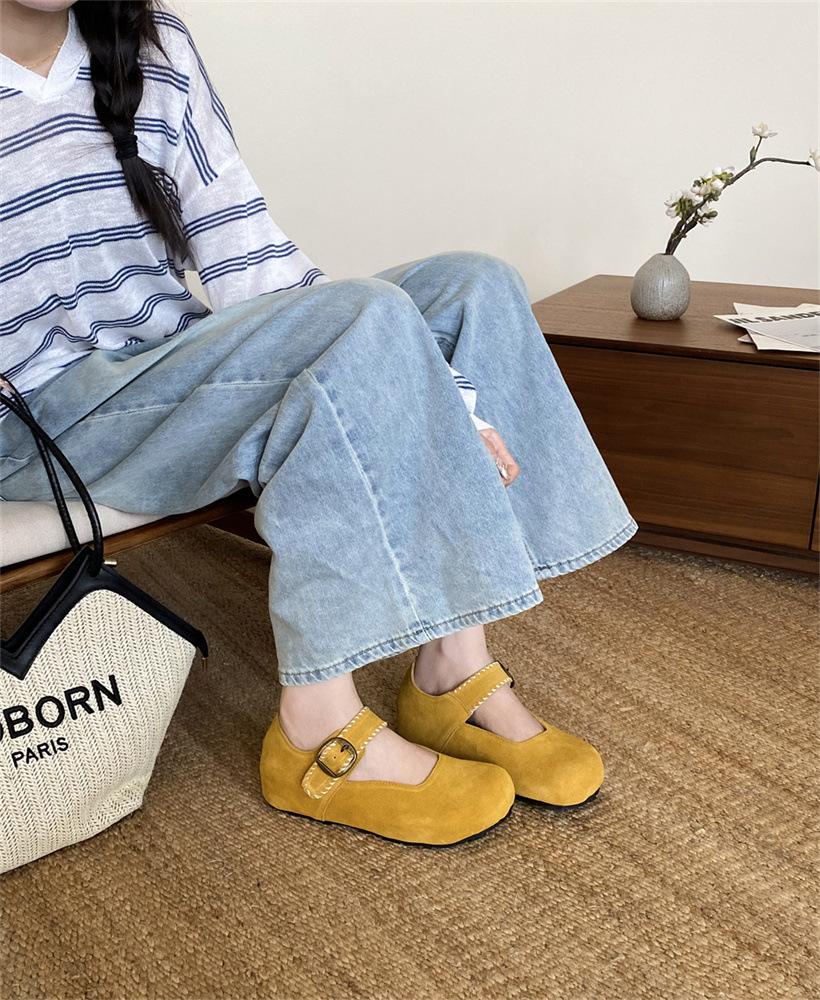 Echtes Rindsleder Mary Jane Schuhe mit runder Spitze Retro Boken Schuhe 2025 Einwort mit flachem Boden Taschenkopf Einzelne Schuhe Damen