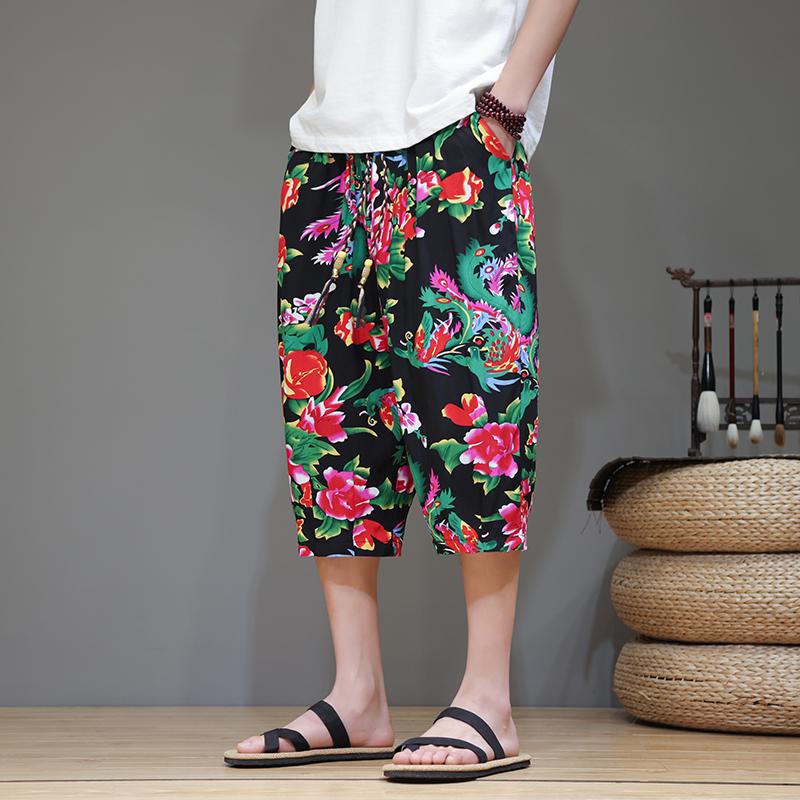 

Мужские мешковатые шаровары с цветами, мужские летние брюки 2025 года, японские мужские и женские широкие брюки в стиле хип-хоп, шаровары, брюки длиной до икр, джоггеры XL чёрный
