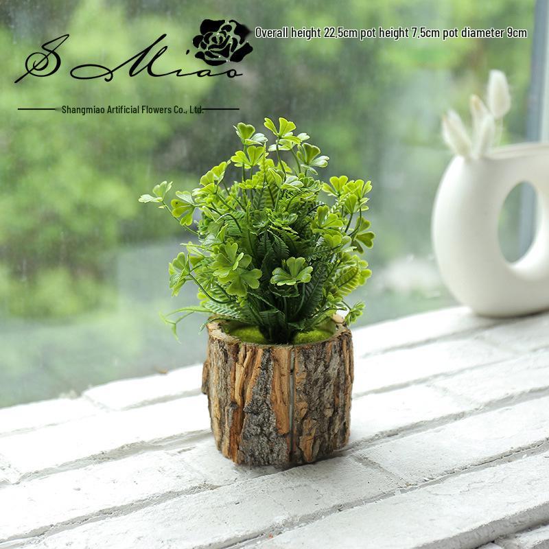 Creative Wooden Basin with Artificial Green Plant Bonsai Ornament for Display and Decoration.
