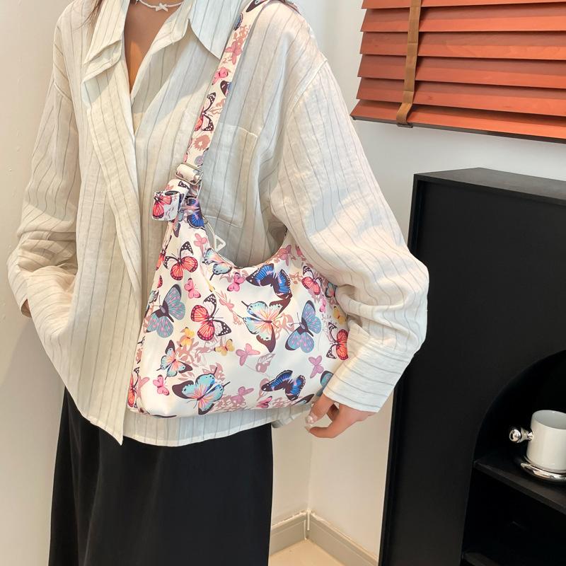 Female New Fashion Casual Nylon Fabric Printed Bow Bag Korean Version Shoulder Bag Beach Tote Bags Women New In Handbag CLE