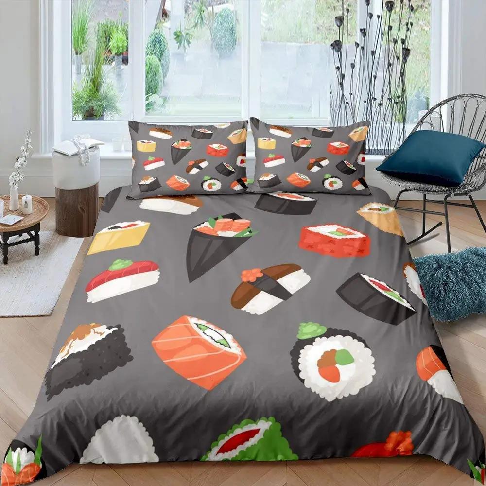 Sushi Comforter Cover,Kawaii Rice Printed Duvet Cover,Cartoon Sushi Food Bedding,Salmon Caviar Sushi Japanese Style Quilt Cover