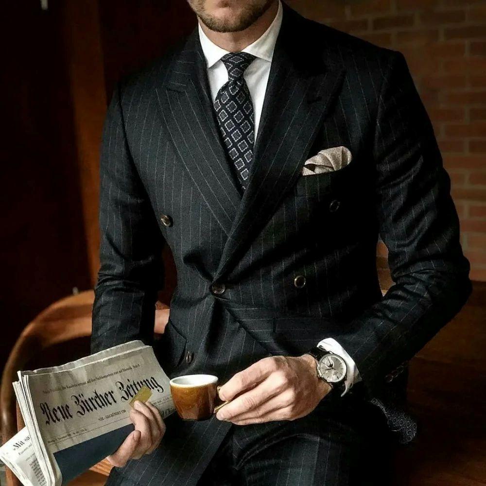 Suits Black Stripe for Men Classic Formal Notch Lapel Business Casual 2 Piece Prom Wedding Groom Tuxedo Male Suit Slim Fit