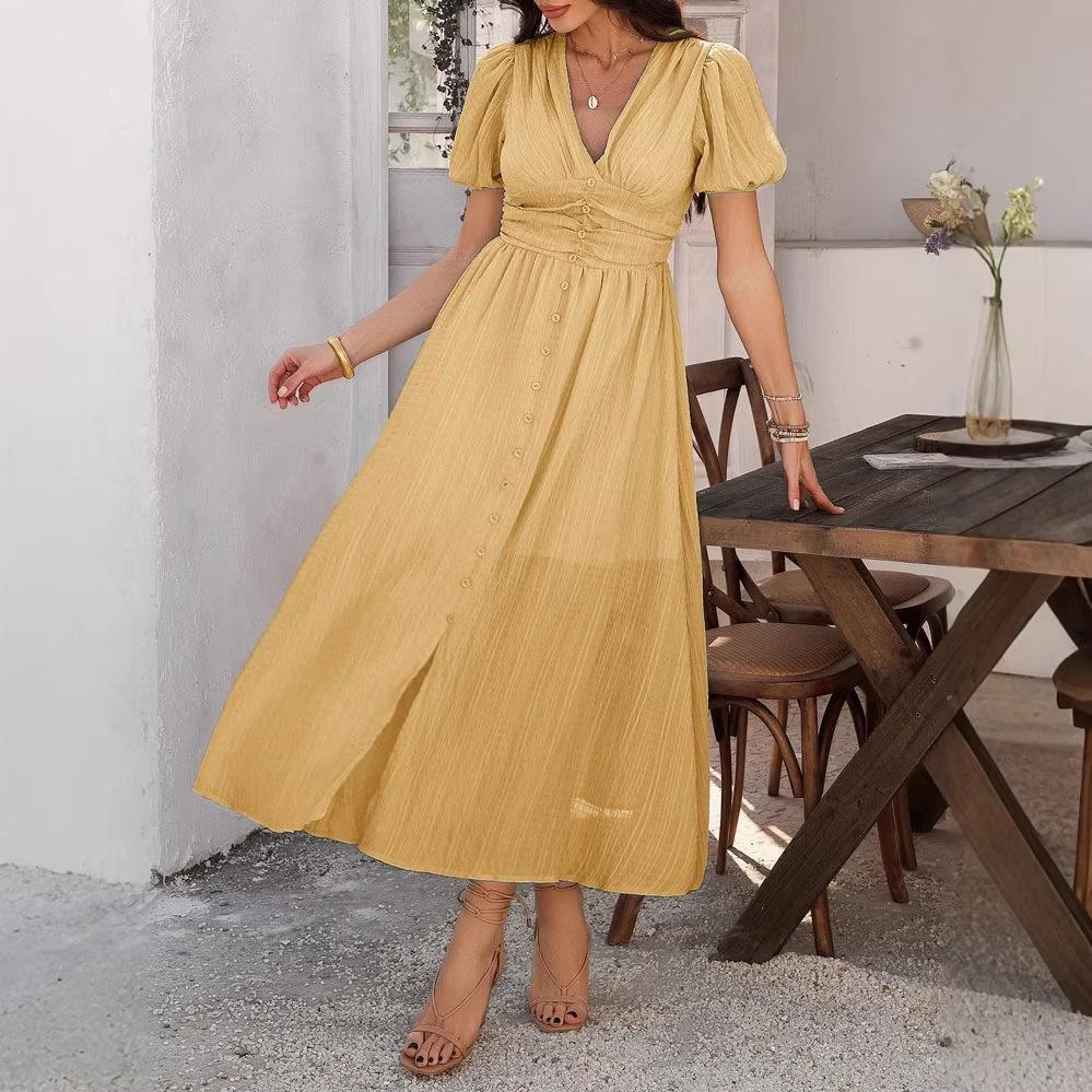 Spring and Summer European and American Leisure Commuter Vacation Style V-neck High Waist Short Sleeve Split Dress Women