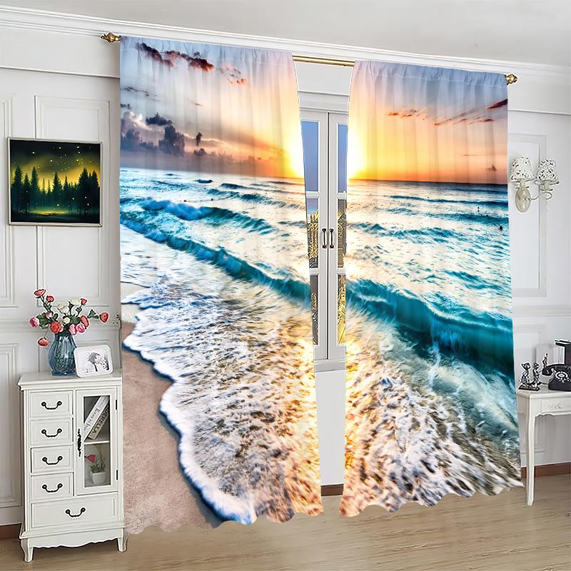2 pieces, polyester material, ocean landscape curtain, tropical beach landscape printed curtain rod, pocket landscape curtain