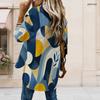Women Plus Size Geometric Printed Collared Long Sleeve Button Front High Low Curved Hem Shirt