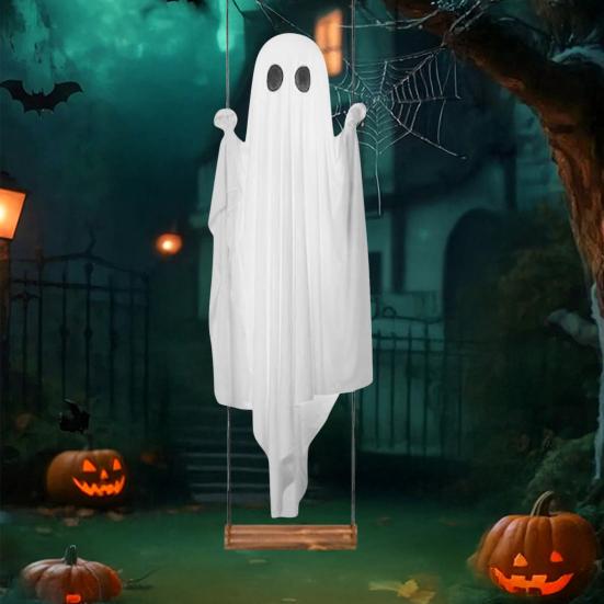 Altalena Pendente Grande 5FT Decorazione di Halloween Fantasma Altalena Esterna Illuminata a LED Fantasma Bianco per Portico Cortile Giardino Decorazione Albero