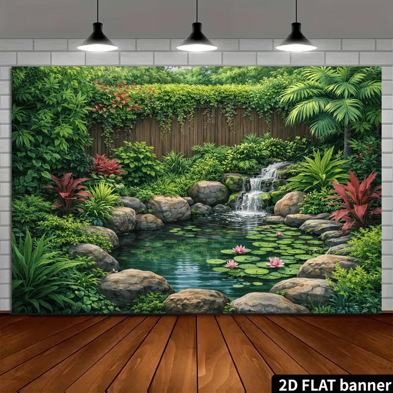 2D Lush Jungle Waterfall Backdrop with Lily Pads for Studio Photoshoot