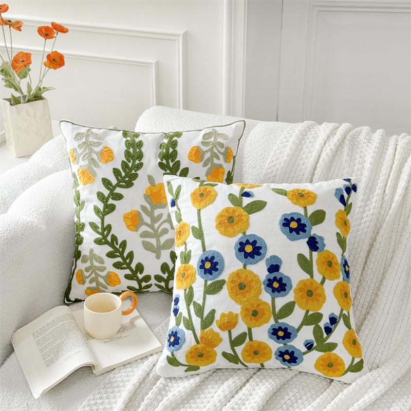 American Pastoral Floral Embroidery Canvas Cushion Cover - Cotton & Linen