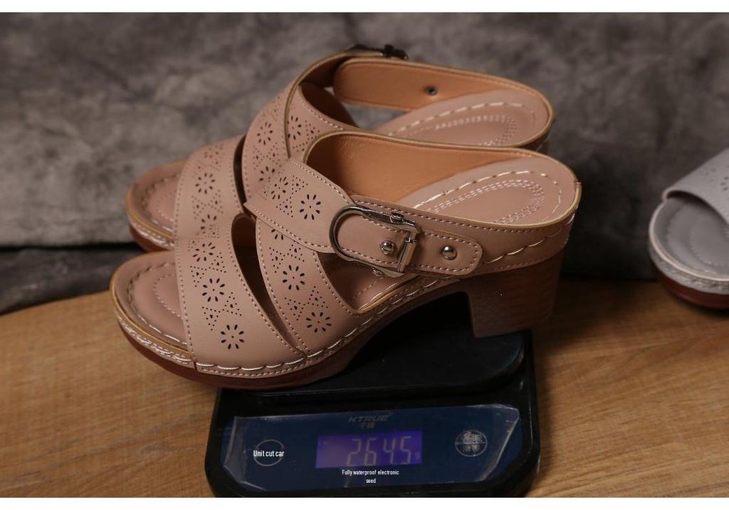 2026 Summer Plus Size Women's Roman Sandals: Chunky Heel, One-Strap, Hollow Design