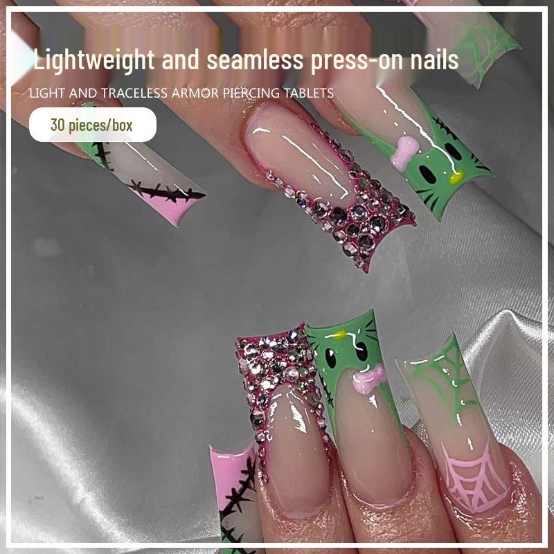 

Cartoon Rhinestone Long Square Press-On Nail Tips - 24 Pieces Glue Version