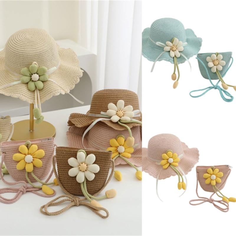 2Pieces Kids Summer Sun Hat And Bag Set Breathable Straw Braided Design For Beach Outdoor Activities