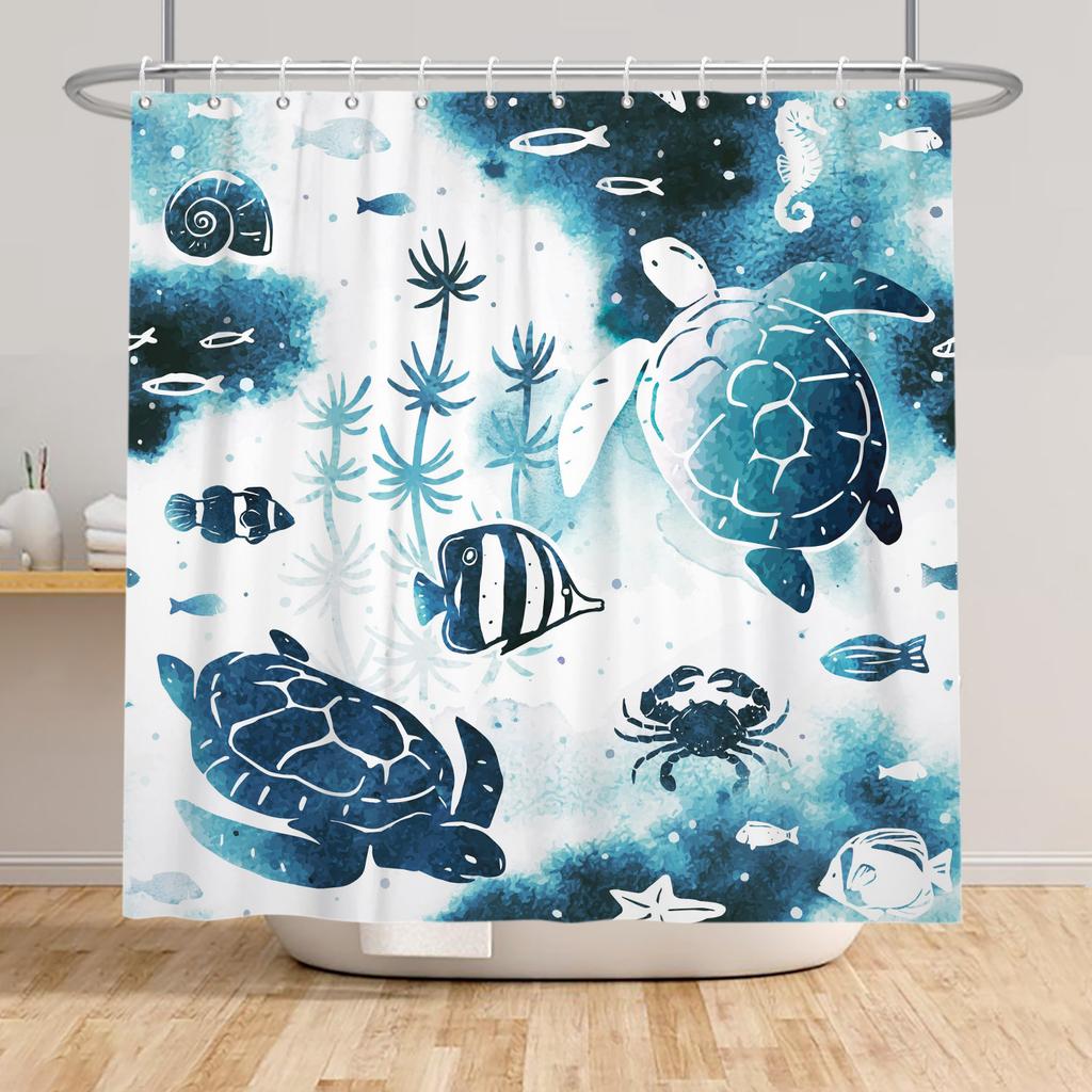 Ocean Theme Shower Curtain Underwater Marine Animal Patterns Sea Turtle Dolphin Whale Jellyfish Print Waterproof Bathroom Decor