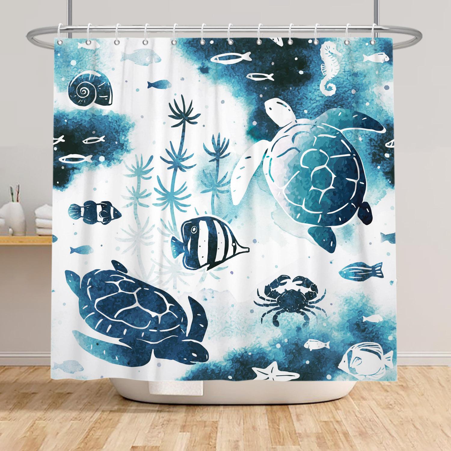 

Ocean Theme Shower Curtain Underwater Marine Animal Patterns Sea Turtle Dolphin Whale Jellyfish Print Waterproof Bathroom Decor W60H190(CM)-1 Pcs