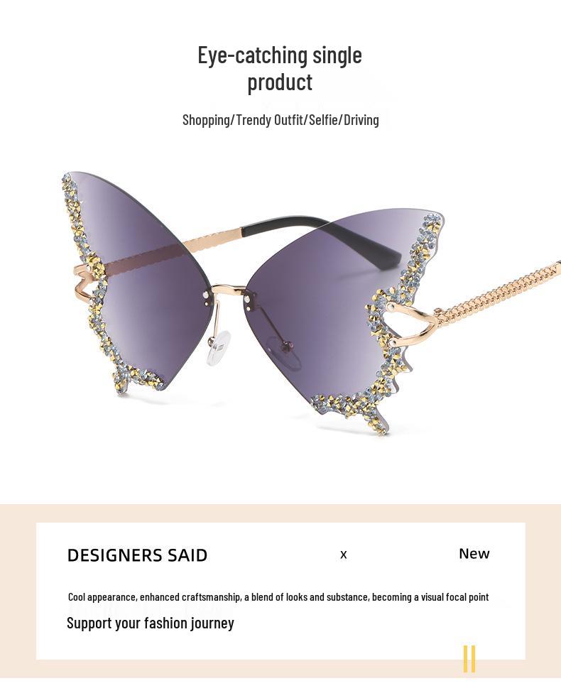Cross-Border Butterfly Rhinestone Frameless Sunglasses - Women's Fashion, Exaggerated Celebrity Style
