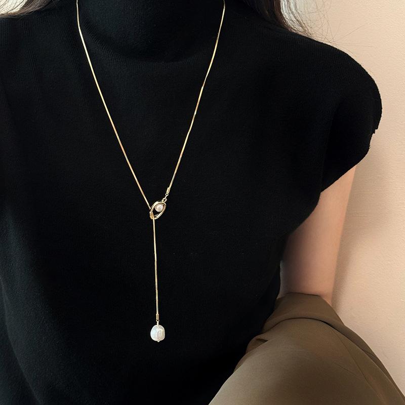 Korean ins style geometric hollow fringed pearl necklace accessories women's fashion sweater chain accessories
