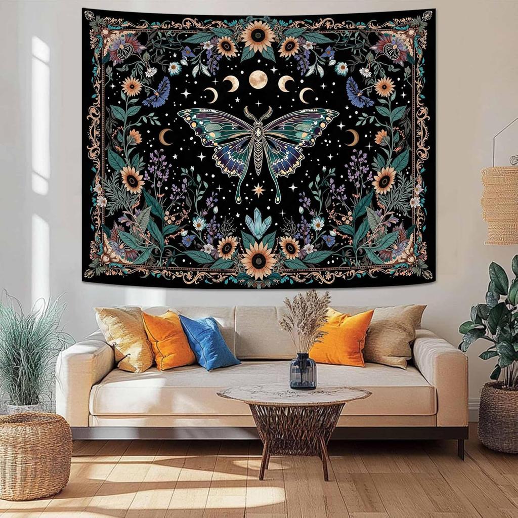 Faxdong Boho Green Butterfly Tapestry, Aesthetic Triple Moon and Sunflowers Crystal Tapestries, Moth Mystic Decor for Bedroom Living Room