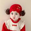 Red Knitted Baby Girl Princess Wig Hat - Festive New Year Wool Hat