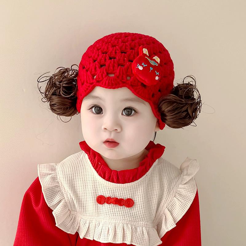 Red Knitted Baby Girl Princess Wig Hat - Festive New Year Wool Hat