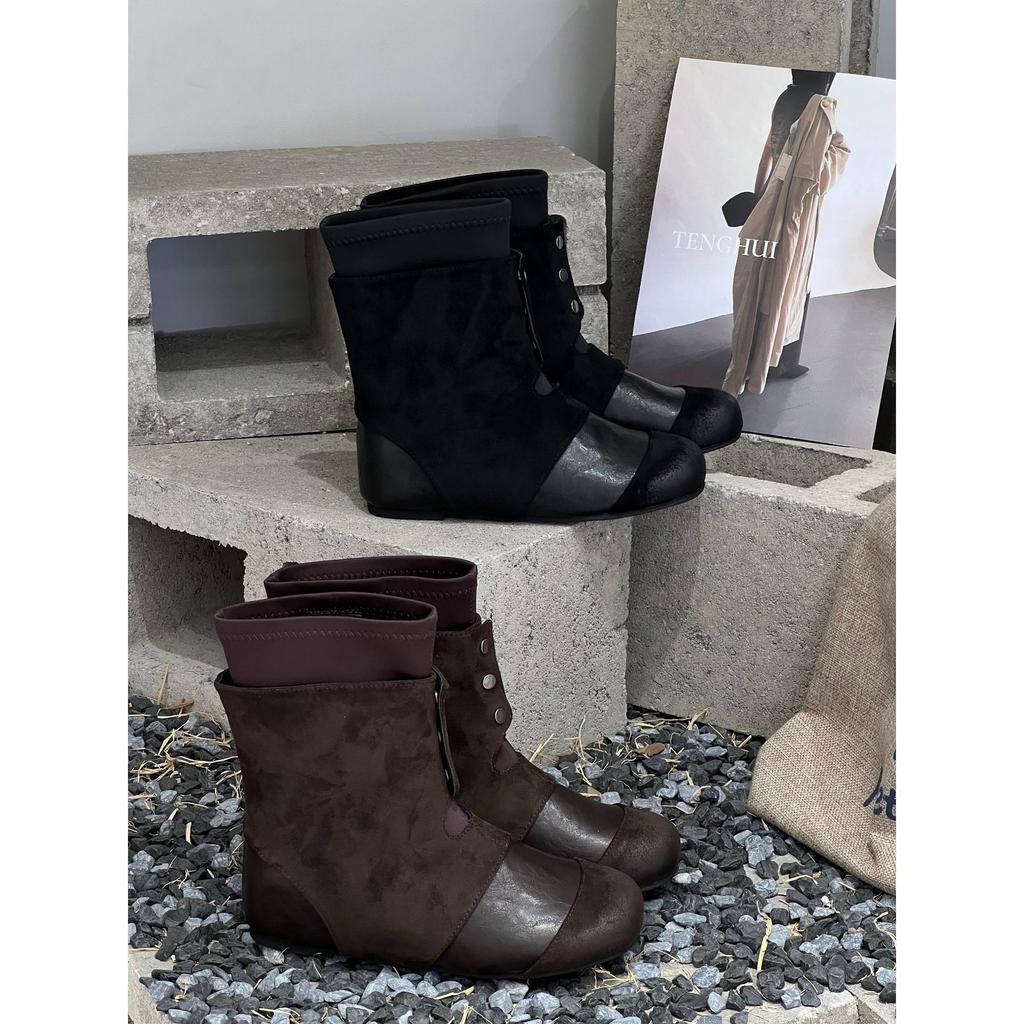 Autumn new retro folded two wear western knight boots women flat bottom inner height increase thin short boots women