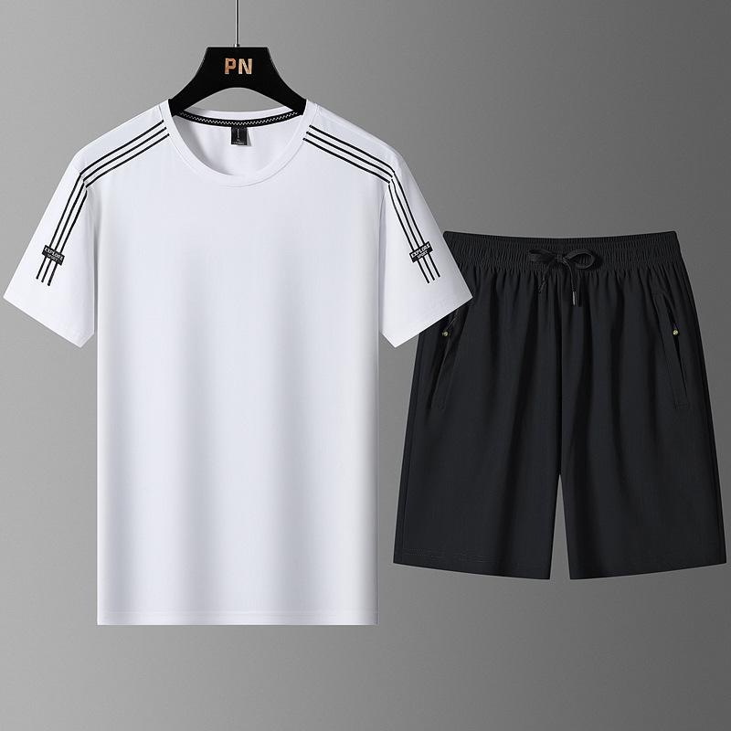 Extra Large Summer Sports Suit Men's Ice Silk Thin Short Sleeved Men's Shorts Quick Drying Handsome Two-piece Set