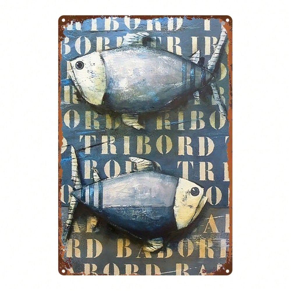Blue Fish 2D Metal Wall Art Poster Bar Decor