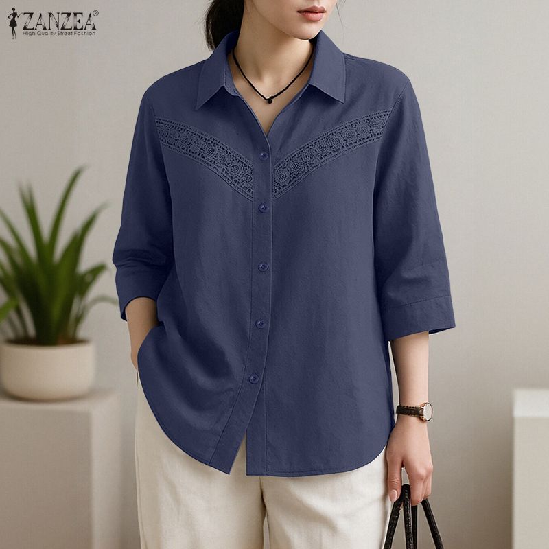 ZANZEA Women Lace Patchwork Casual Turn Down Collar Loose 3/4 Sleeve Blouse
