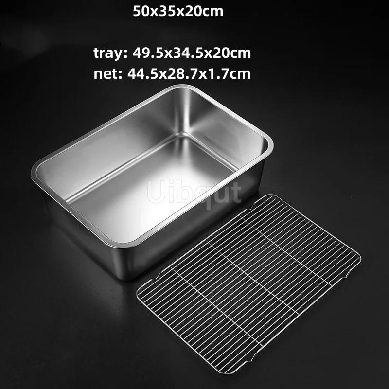 Deep Square Plate Basin with Rack Pallet Stainless Steel Bbq Fast Food Plate with Grid Mesh Dessert Dinner Set Restaurant Trays