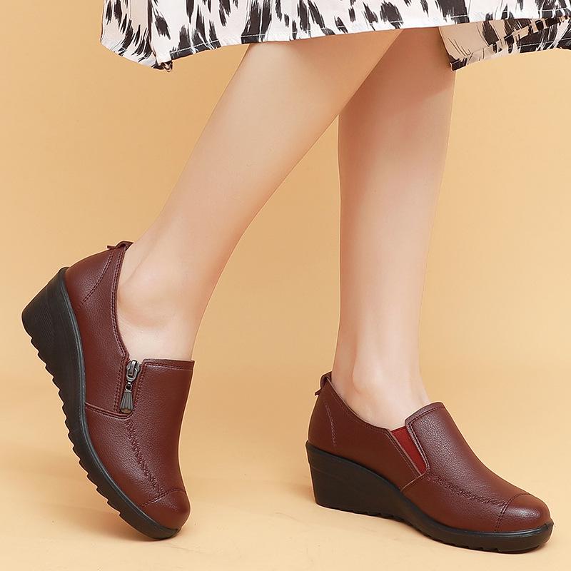 Scarpe con zeppa in pelle da donna primavera e autunno 2025 - Scarpe comode singole per mezza età e anziani
