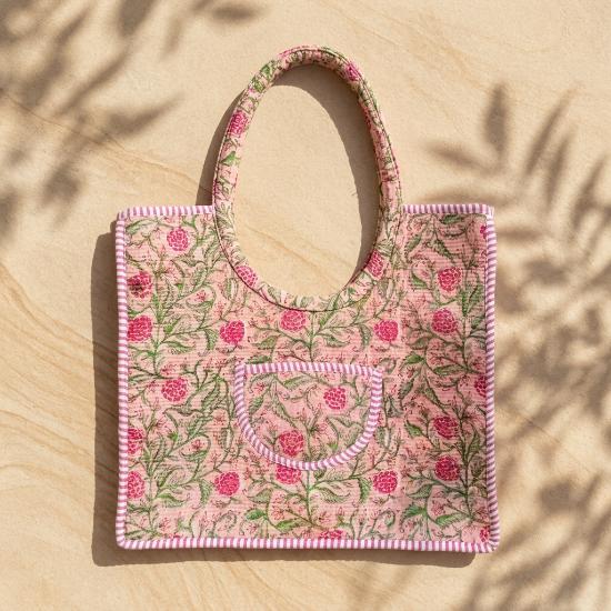 Shoulder Bag Usalover925 Pink Quilted Cotton Floral Print Shoulder Bag 04