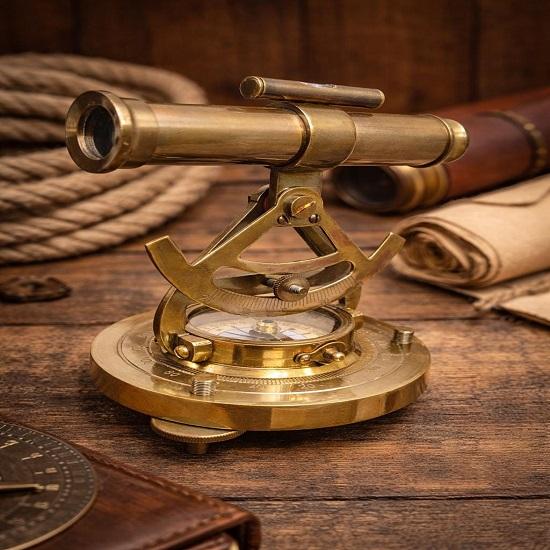 Nautical Brass Alidade Telescope with Compass Base Maritime Decorative Instrument Gift